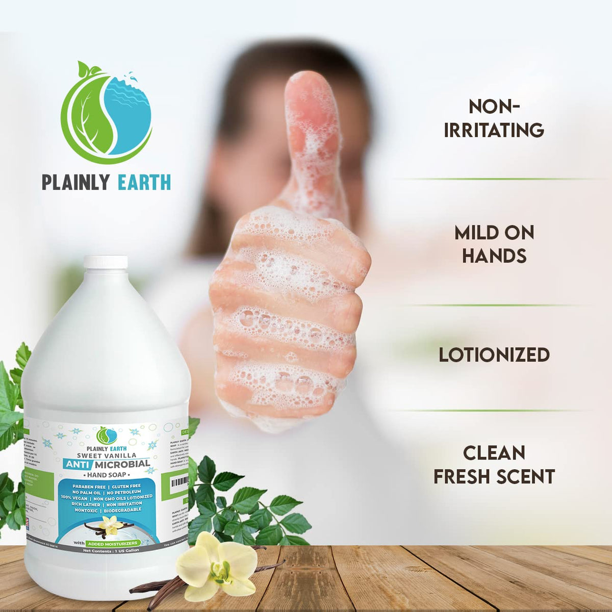 Plainly Earth USA-made hand soap label highlighting quality and ethics.