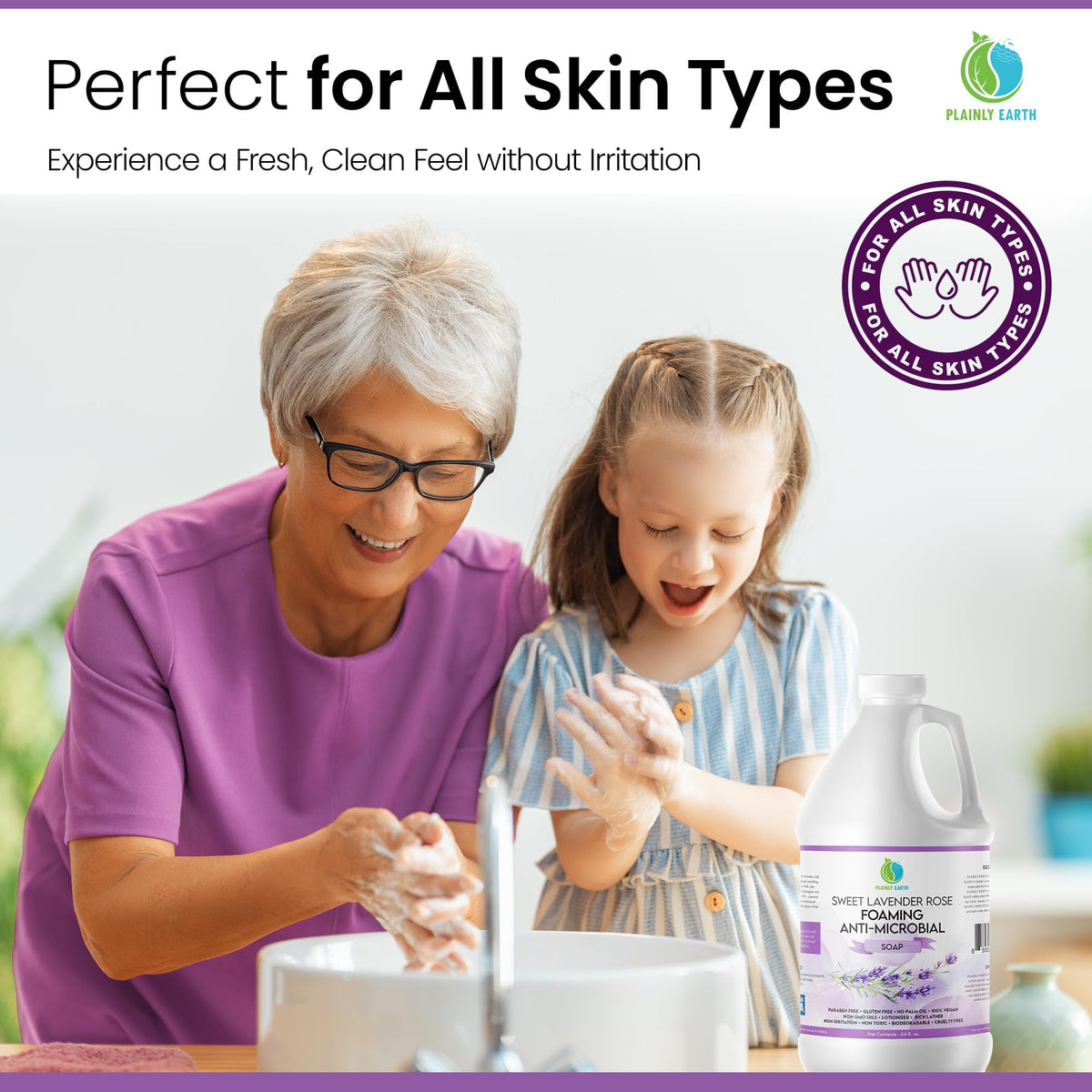 Plainly Earth Sweet Lavender Rose fragrance evokes spa-like calm during handwashing.