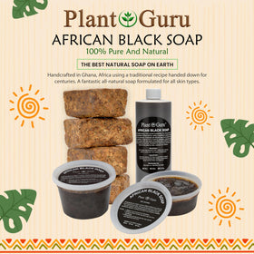 Plant Guru African Black Soap Liquid ingredients spoon highlights natural oils and plant-based formula