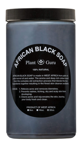 Plant Guru African Black Soap Paste jar with rich texture for facial and body cleansing.