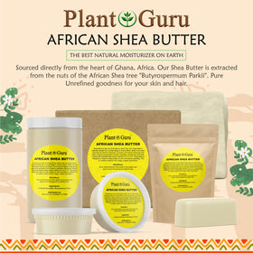 Plant Guru African Shea Butter ingredients highlight vitamins A, D, E, F for nourishment.