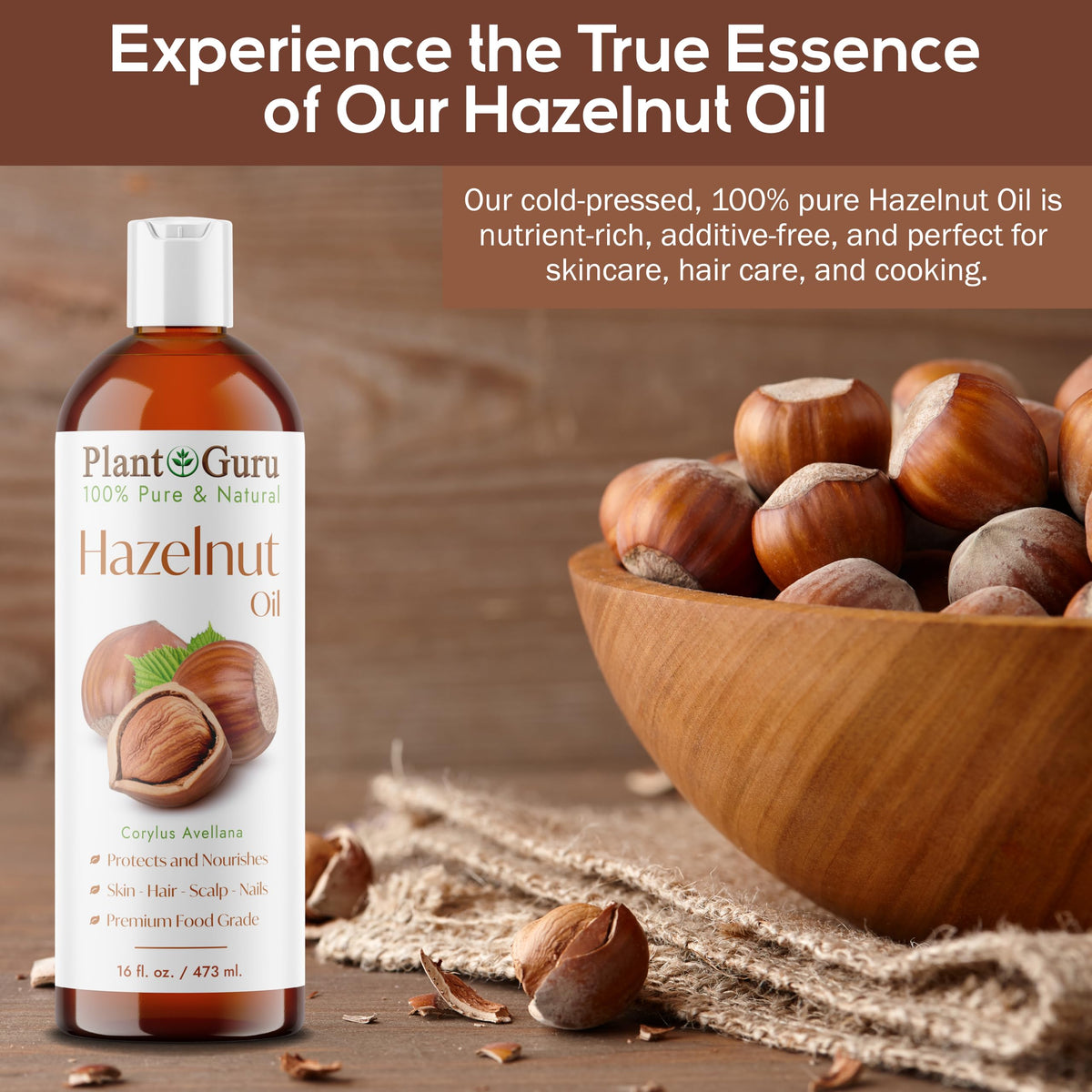 Plant Guru Hazelnut Oil label front highlights purity and origin
