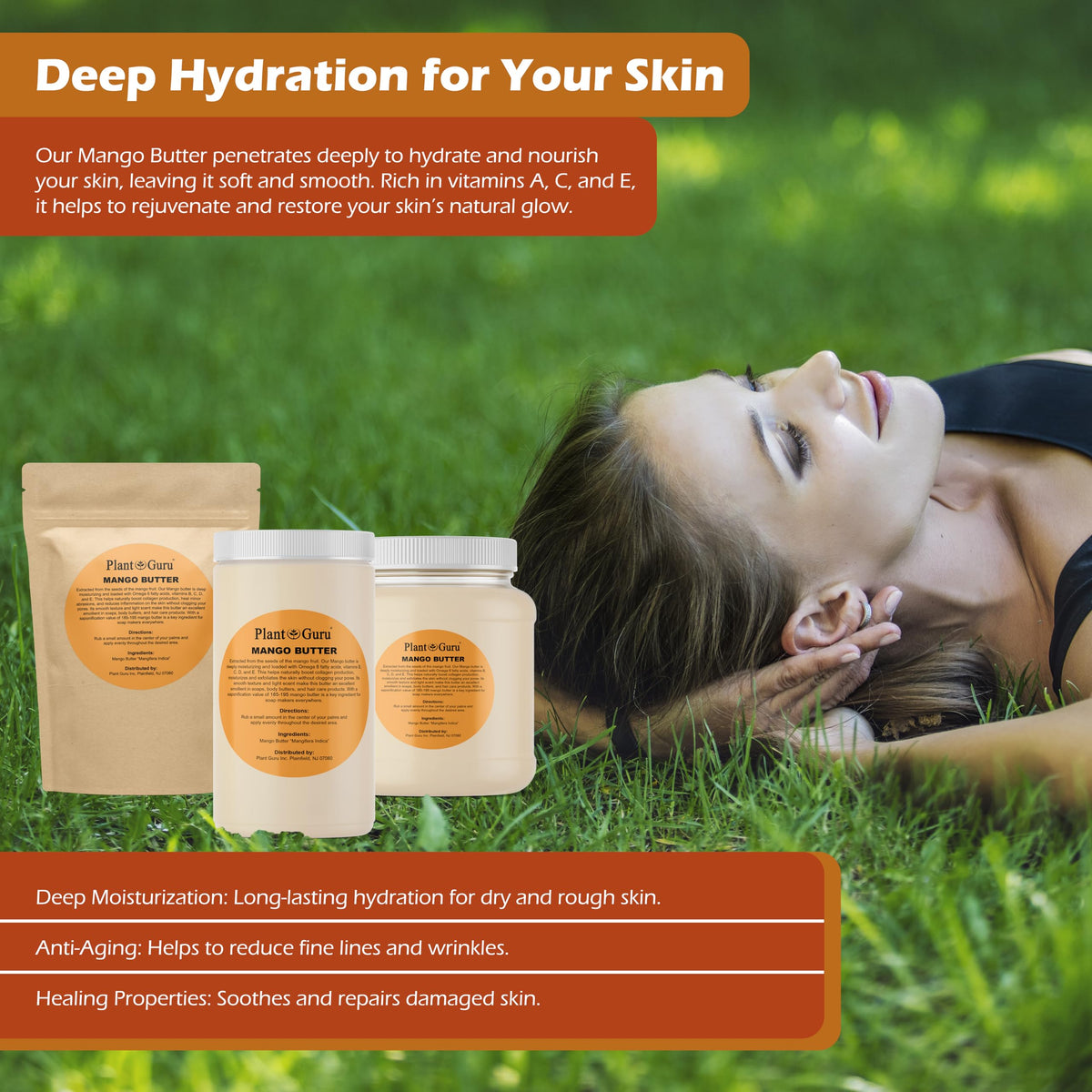 Plant Guru Mango Butter application on skin illustrates deep moisturization potential.