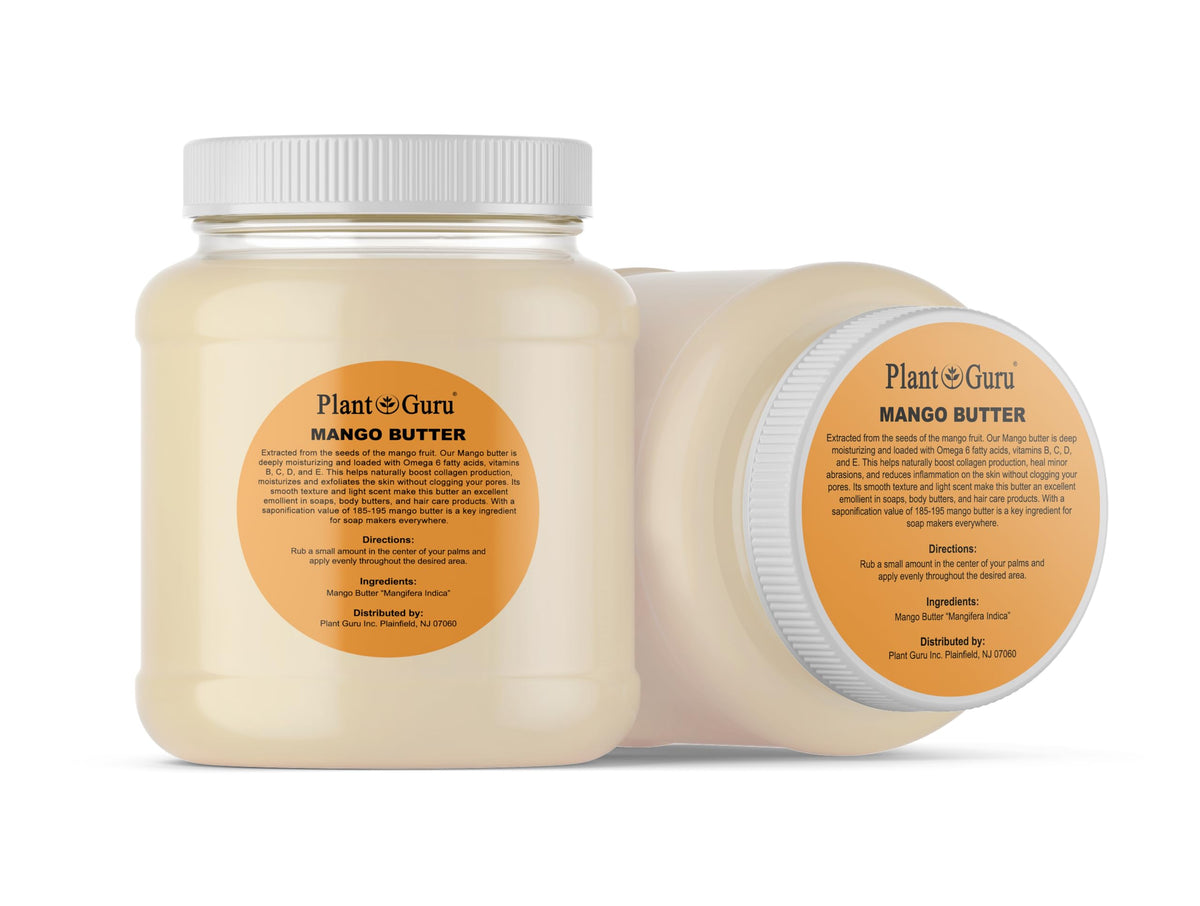 Plant Guru Bulk Mango Butter tub highlighting premium emollient for soft skin.