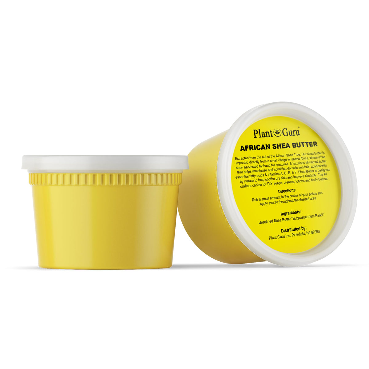 Plant Guru Raw African Shea Butter jar back emphasizes fatty acids for nourished skin and elasticity