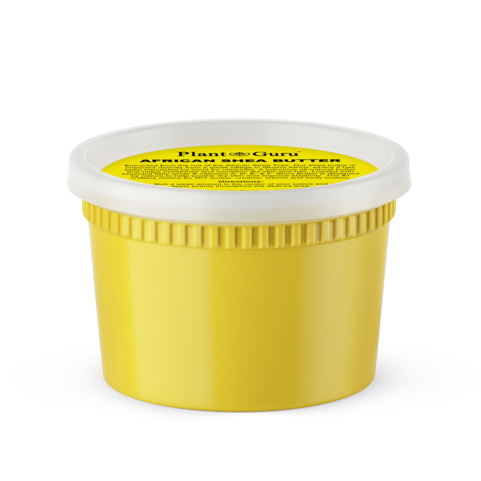 Plant Guru Raw African Shea Butter jar front highlights pure, natural moisturizer for skin, hair, and DIY projects