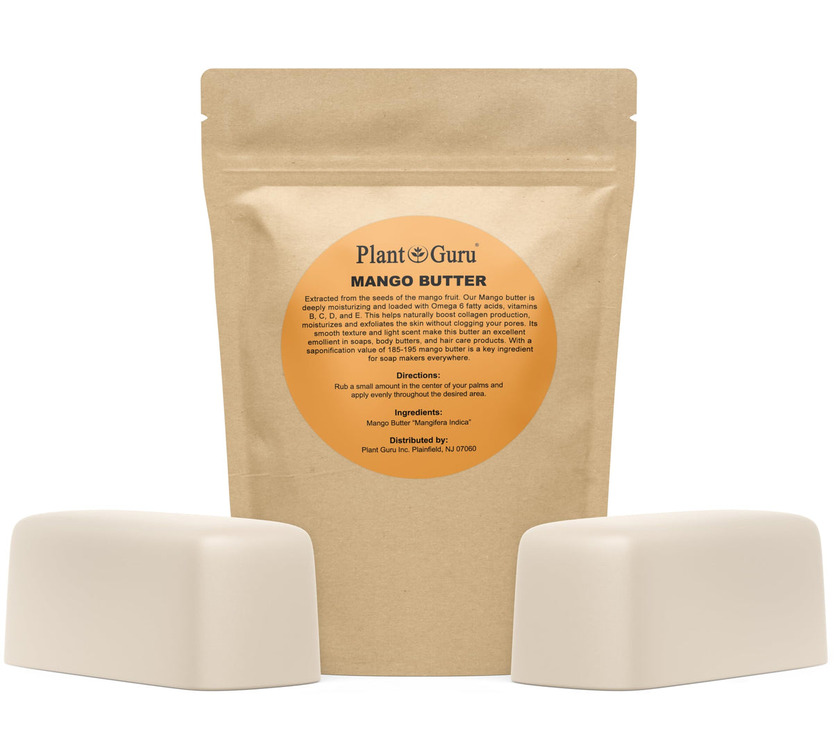 Plant Guru Mango Butter Bar 2lb shown; rich emollient for healthy-looking skin.