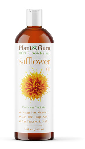 Plant Guru safflower oil bottle for pure, versatile skincare and hair care.