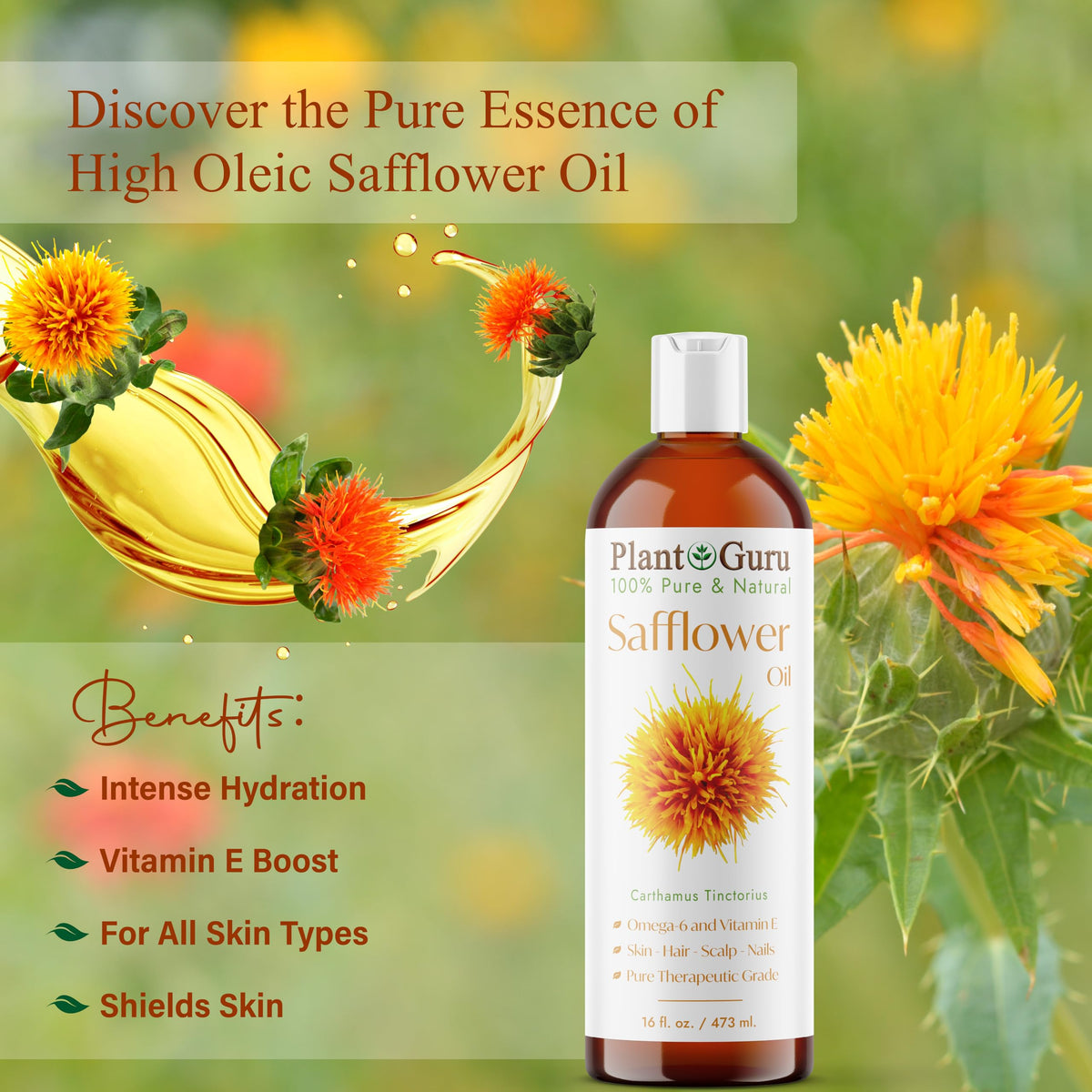 Plant Guru safflower oil label shows 100% pure safflower oil.