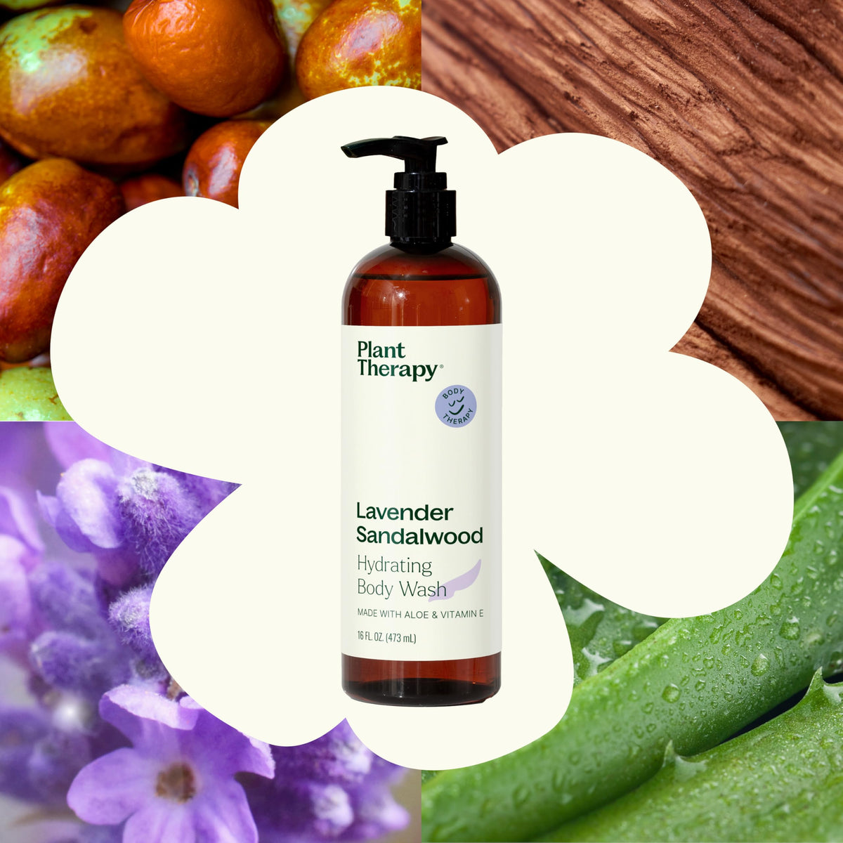 Plant Therapy Lavender Sandalwood label closeup highlights natural ingredients