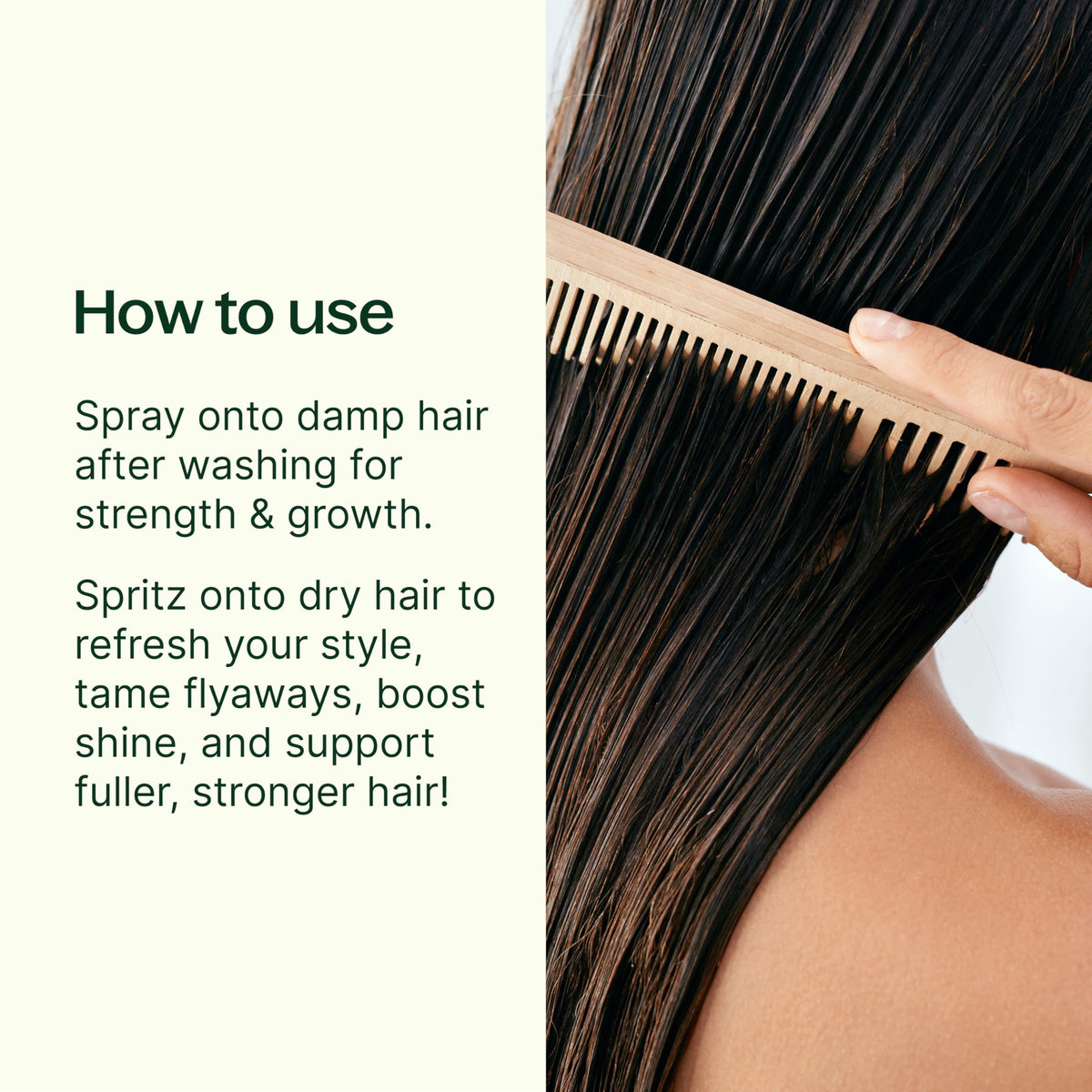 Close-up of Plant Therapy spray mist delivering a light, non-greasy touch to hair.