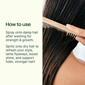 Close-up of Plant Therapy spray mist delivering a light, non-greasy touch to hair.
