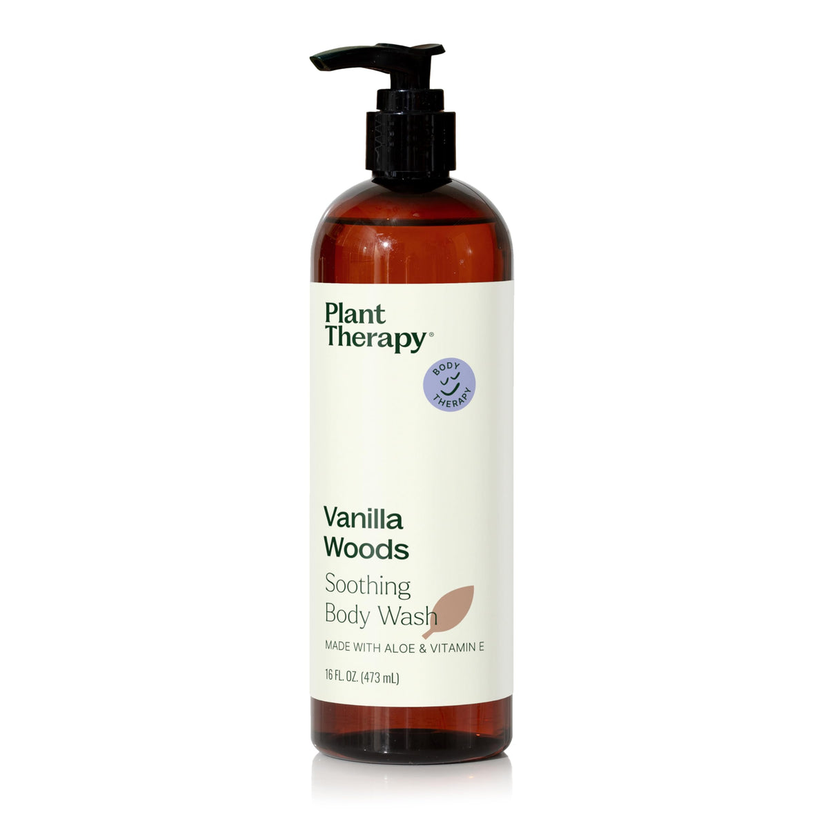 Plant Therapy Vanilla Woods bottle shows a sulfate-free, hydrating cleanse for all skin types.