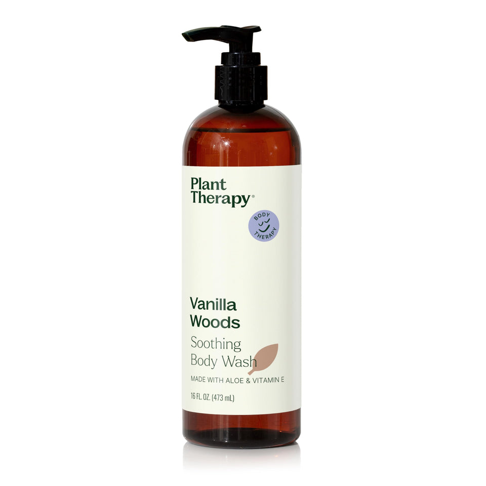 Plant Therapy Vanilla Woods bottle shows a sulfate-free, hydrating cleanse for all skin types.