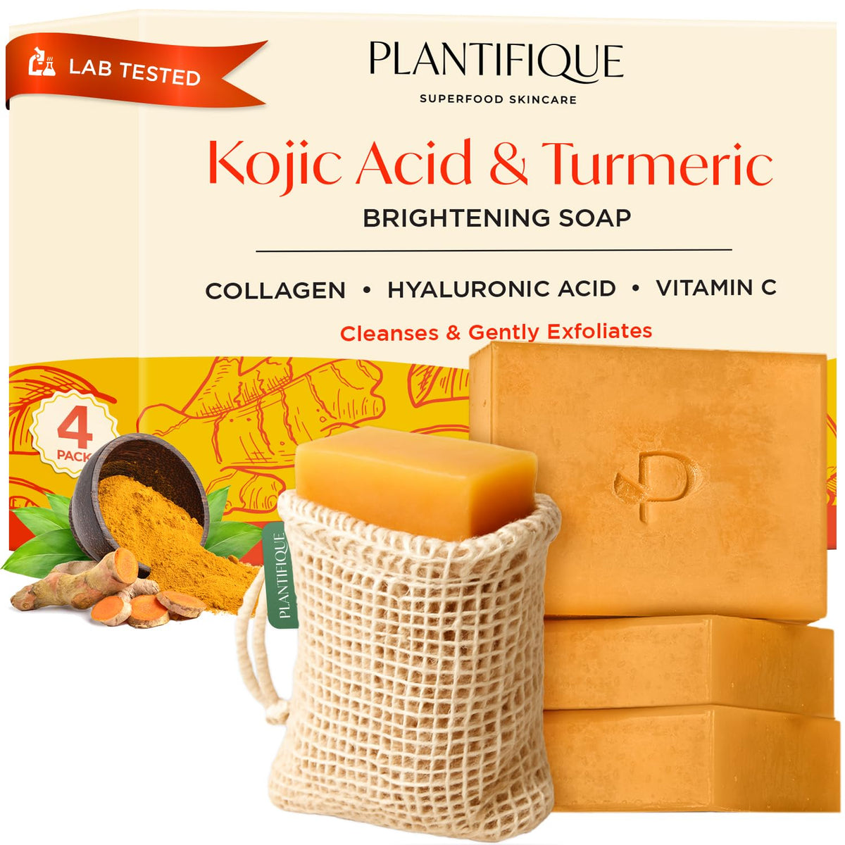 PLANTIFIQUE Kojic Acid Soap with turmeric swirl visible for skin balance.