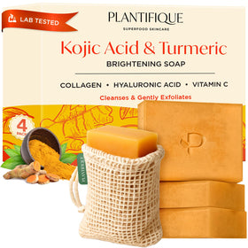 PLANTIFIQUE Kojic Acid Soap with turmeric swirl visible for skin balance.