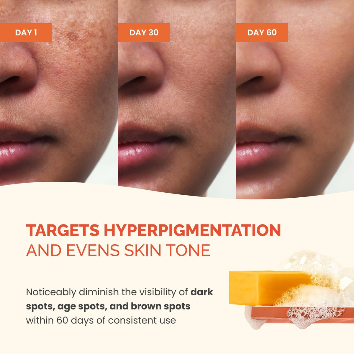 Soap bar shows warm amber tint from vitamin C-rich formulation.