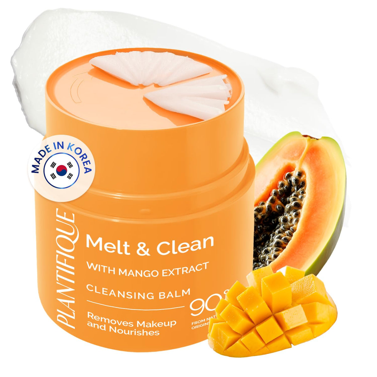 PLANTIFIQUE Korean Cleansing Balm mango-papaya ingredients dissolve makeup gently and nourish skin.