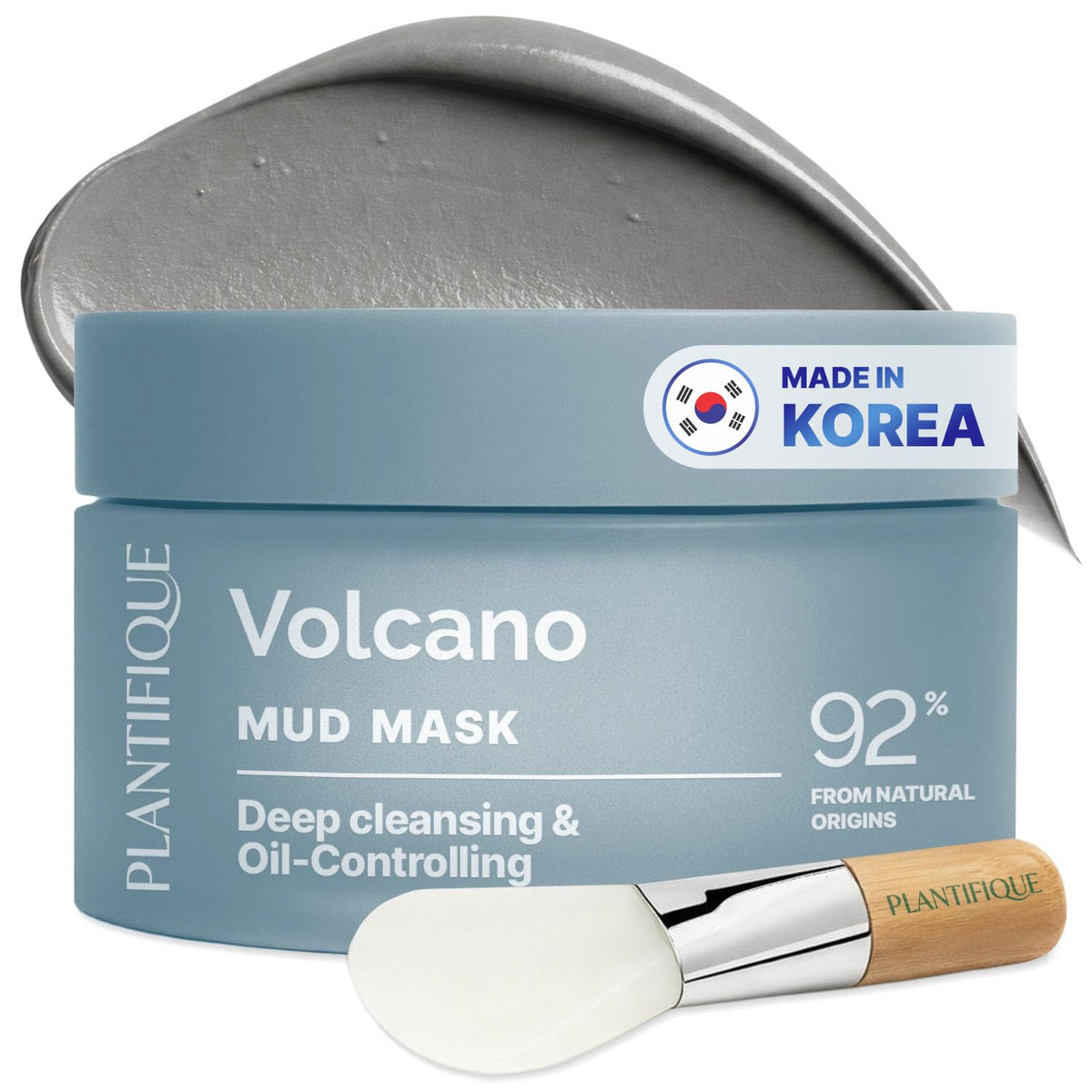PLANTIFIQUE mud mask jar close-up showing deep cleansing benefits.