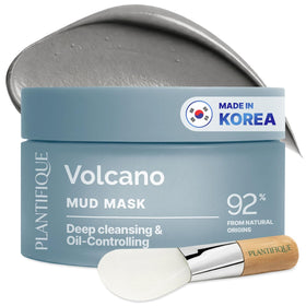 PLANTIFIQUE mud mask jar close-up showing deep cleansing benefits.