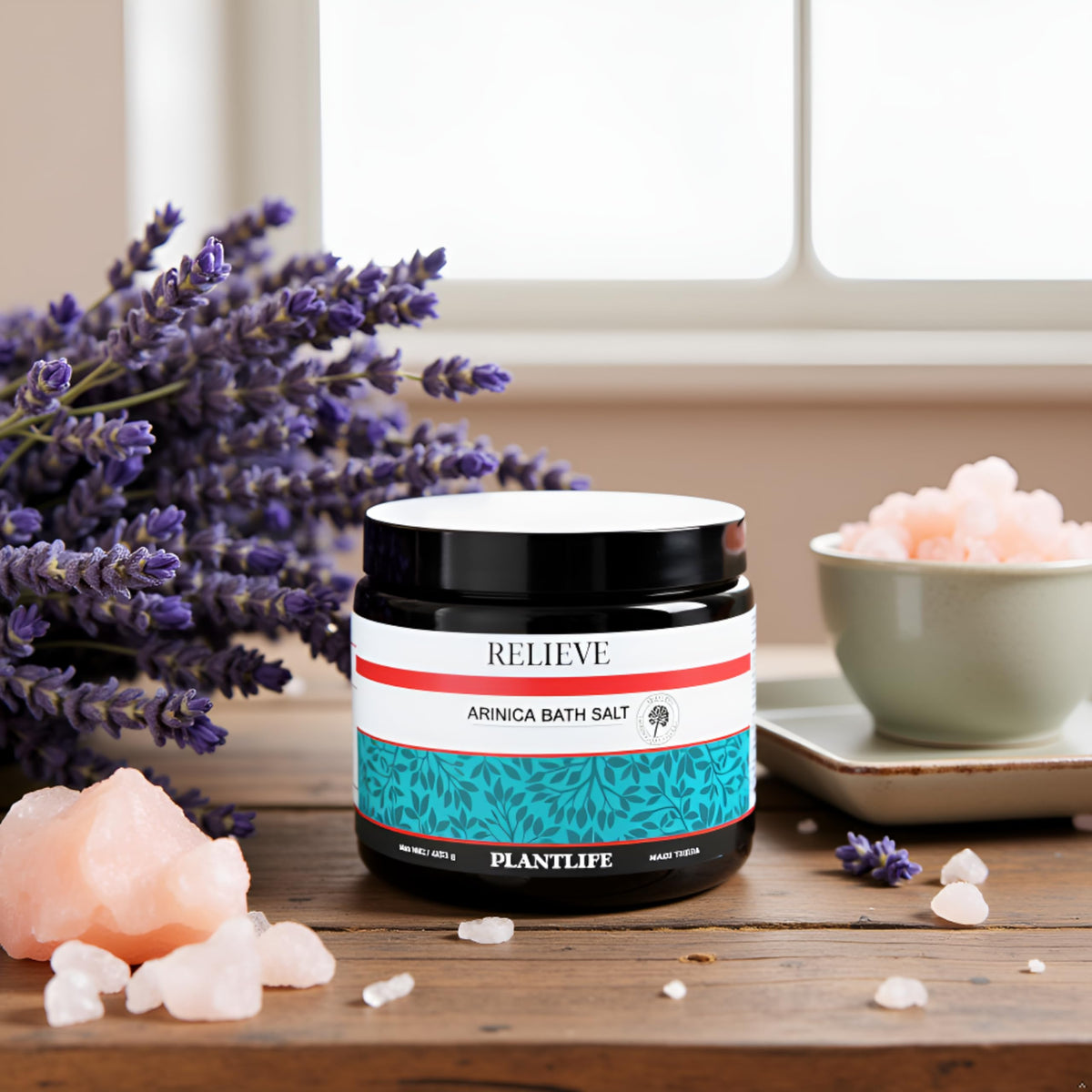 Plantlife Arnica Relieve salts dissolving in warm water for quick, comforting relief.