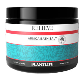 Plantlife Arnica Relieve mineral bath salts jar promoting soothing relaxation.
