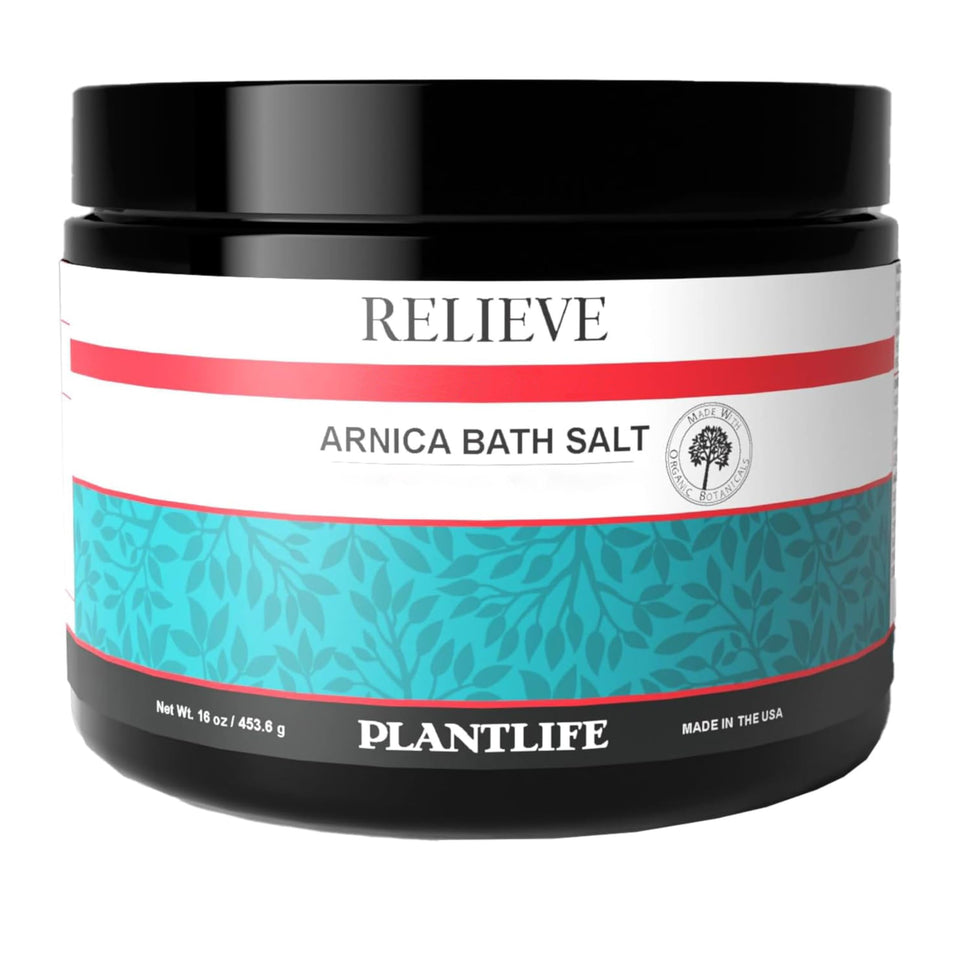 Plantlife Arnica Relieve mineral bath salts jar promoting soothing relaxation.