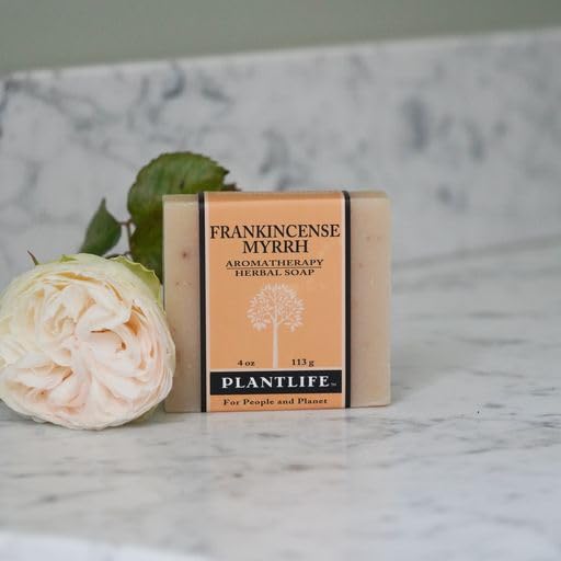 Plantlife Frankincense Myrrh bar soap packaging highlights natural botanicals and handmade quality.