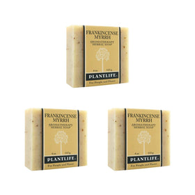 Plantlife Frankincense Myrrh 3-pack bar soap displayed for moisturizing daily cleanse.
