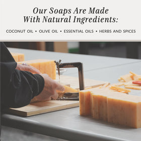 California-made Plantlife Frankincense Myrrh bar soap on a clean surface.