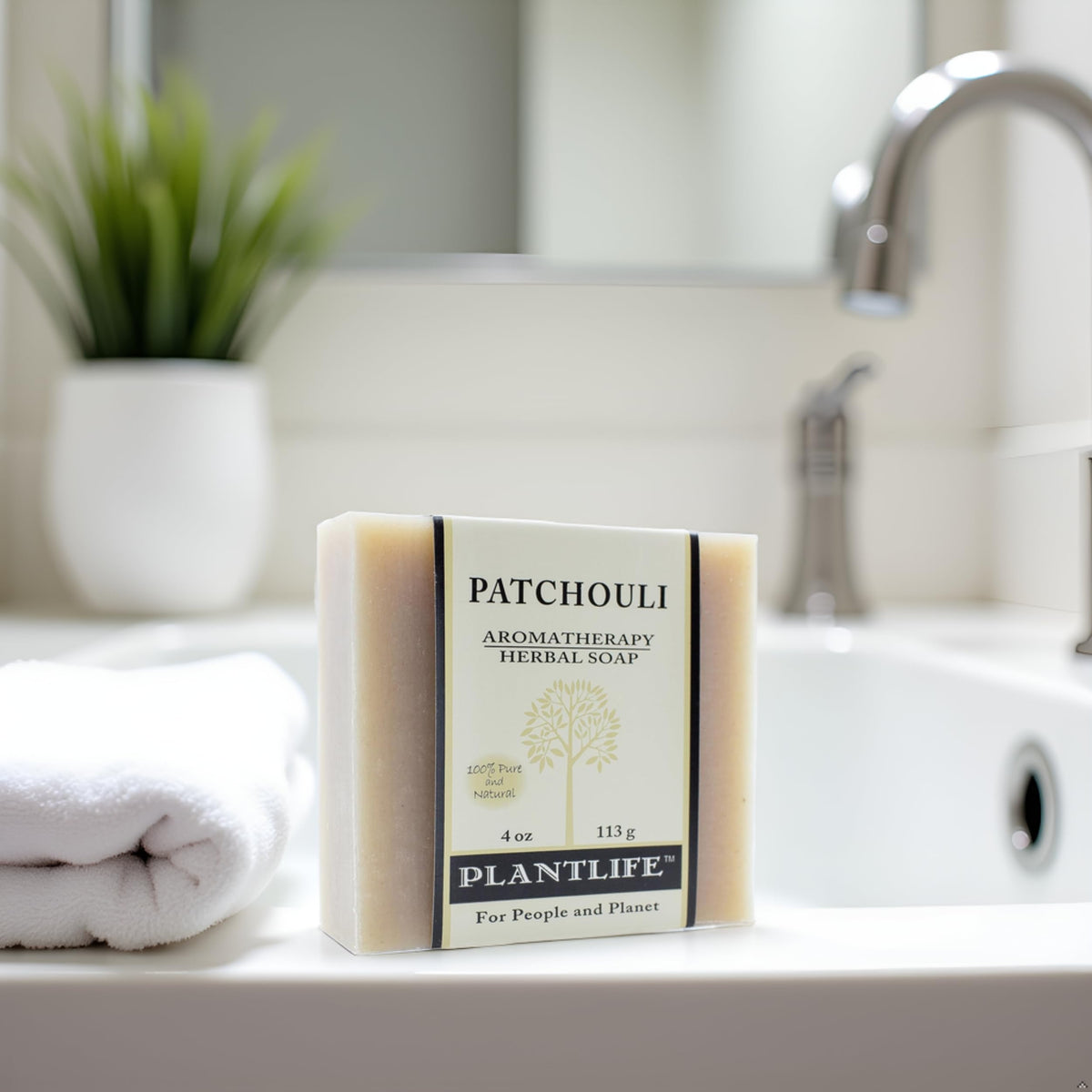 Plantlife Patchouli 3-Pack Bar Soap bar closeup highlights earthy aroma.