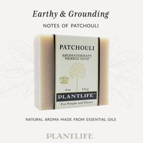 Plantlife Patchouli 3-Pack Bar Soap ingredients show organic botanicals and essential oils.