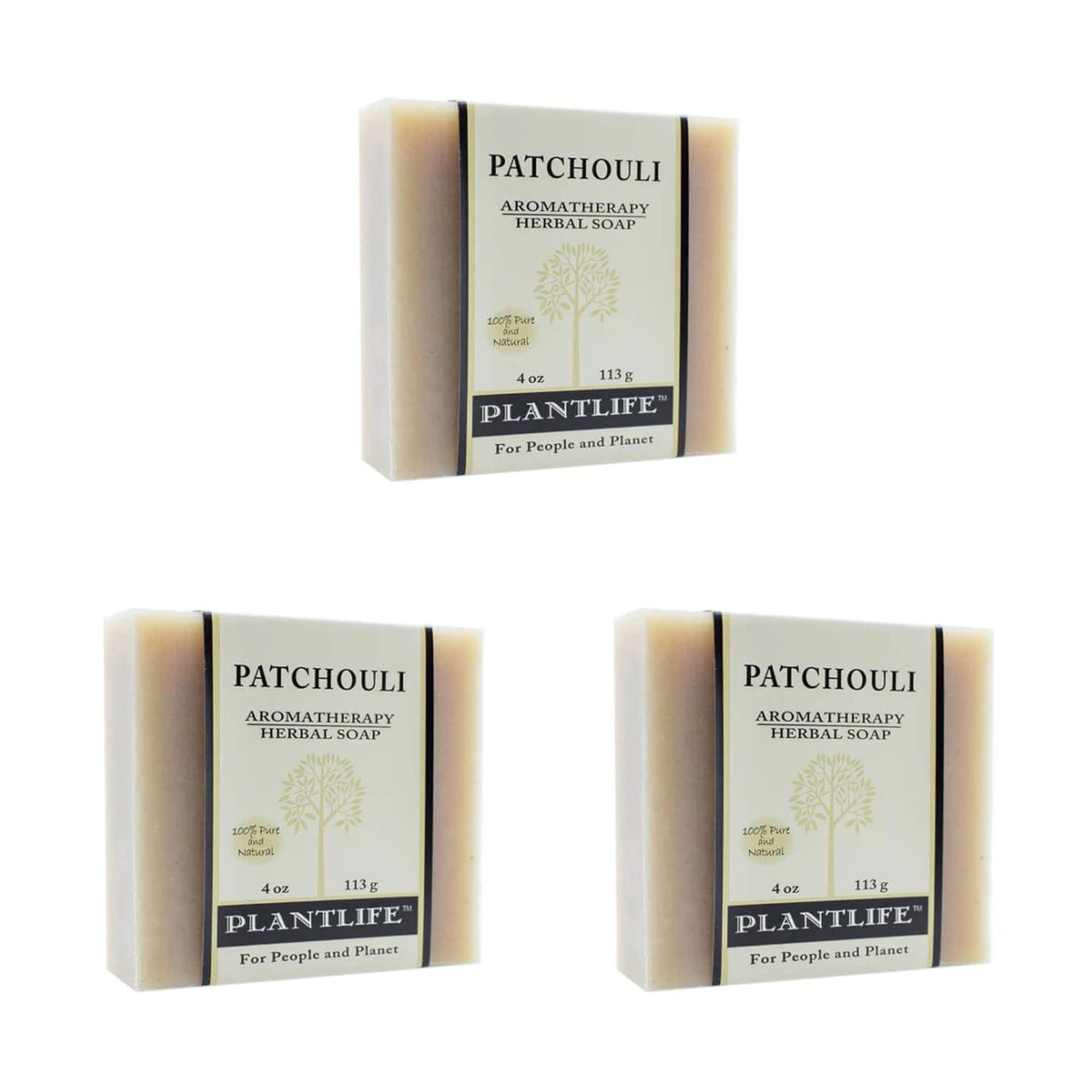 Plantlife Patchouli 3-Pack Bar Soap pack front shows natural cleansing with plant-based ingredients.