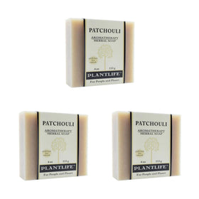 Plantlife Patchouli 3-Pack Bar Soap pack front shows natural cleansing with plant-based ingredients.