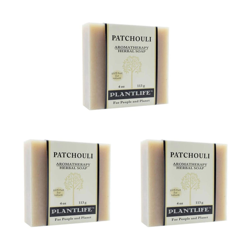 Plantlife Patchouli 3-Pack Bar Soap pack front shows natural cleansing with plant-based ingredients.