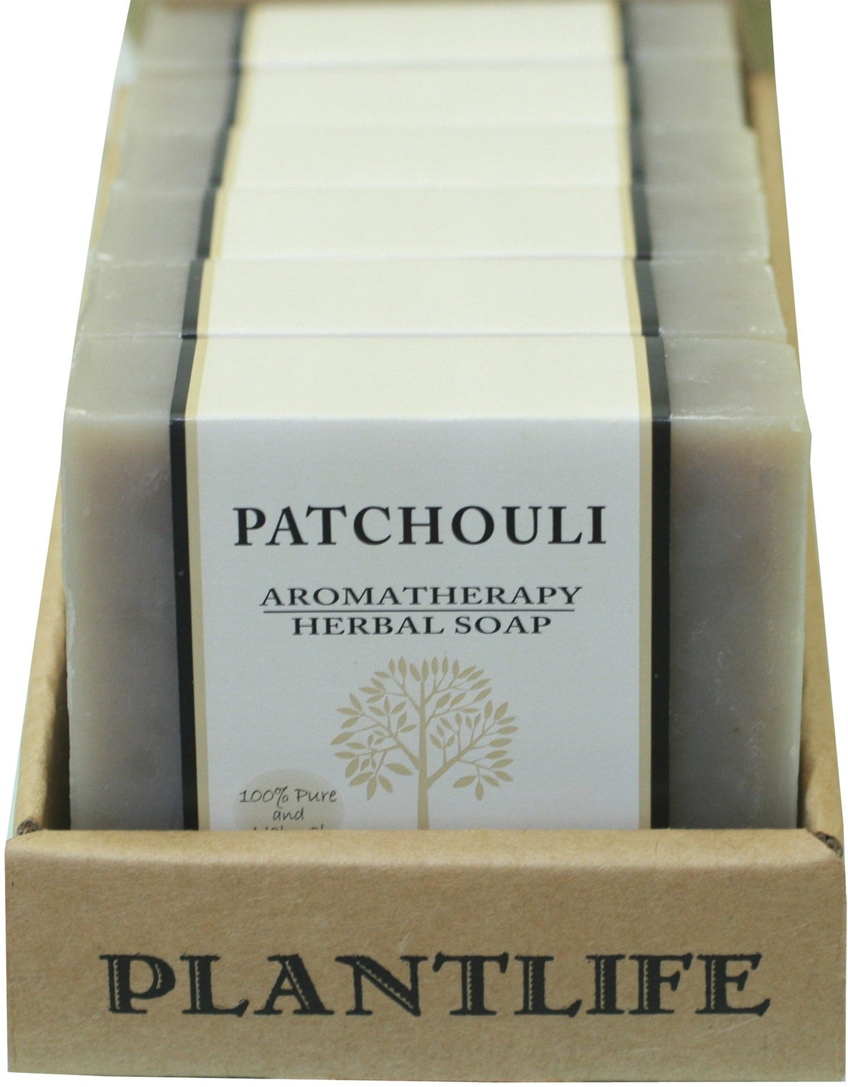 Plantlife patchouli 6-pack soap bar with earthy scent and lasting moisture.