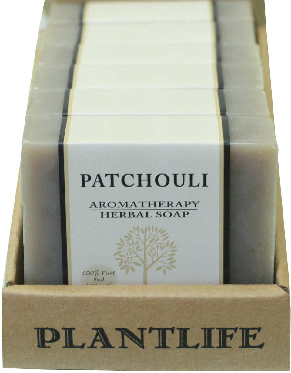 Plantlife patchouli 6-pack soap bar with earthy scent and lasting moisture.