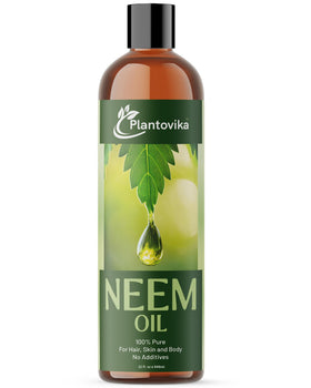 Plantovika Pure Neem Oil bottle shows multipurpose use for skin, hair, and plants.