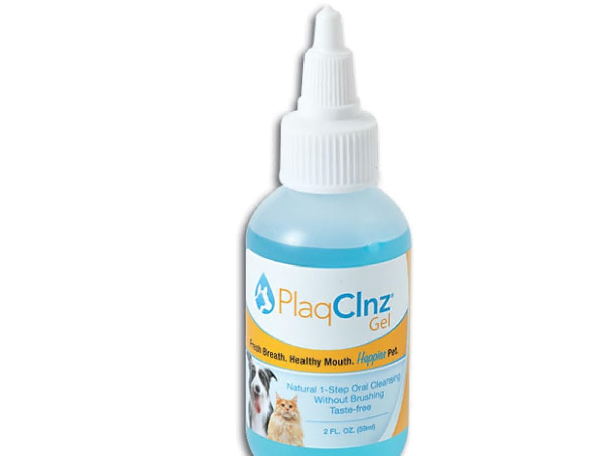 PlaqClnz Daily Treatment Gel 2oz bottle for pet dental care reduces plaque and freshens breath.