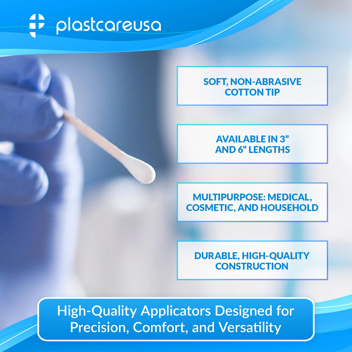 PlastCare USA highly absorbent cotton tips for gentle cleansing.