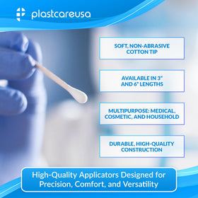 PlastCare USA highly absorbent cotton tips for gentle cleansing.