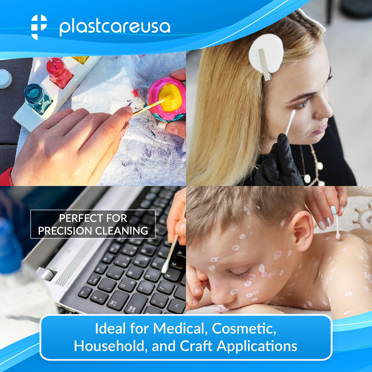 PlastCare USA multi-use applicators suitable for first aid, makeup, and crafts.