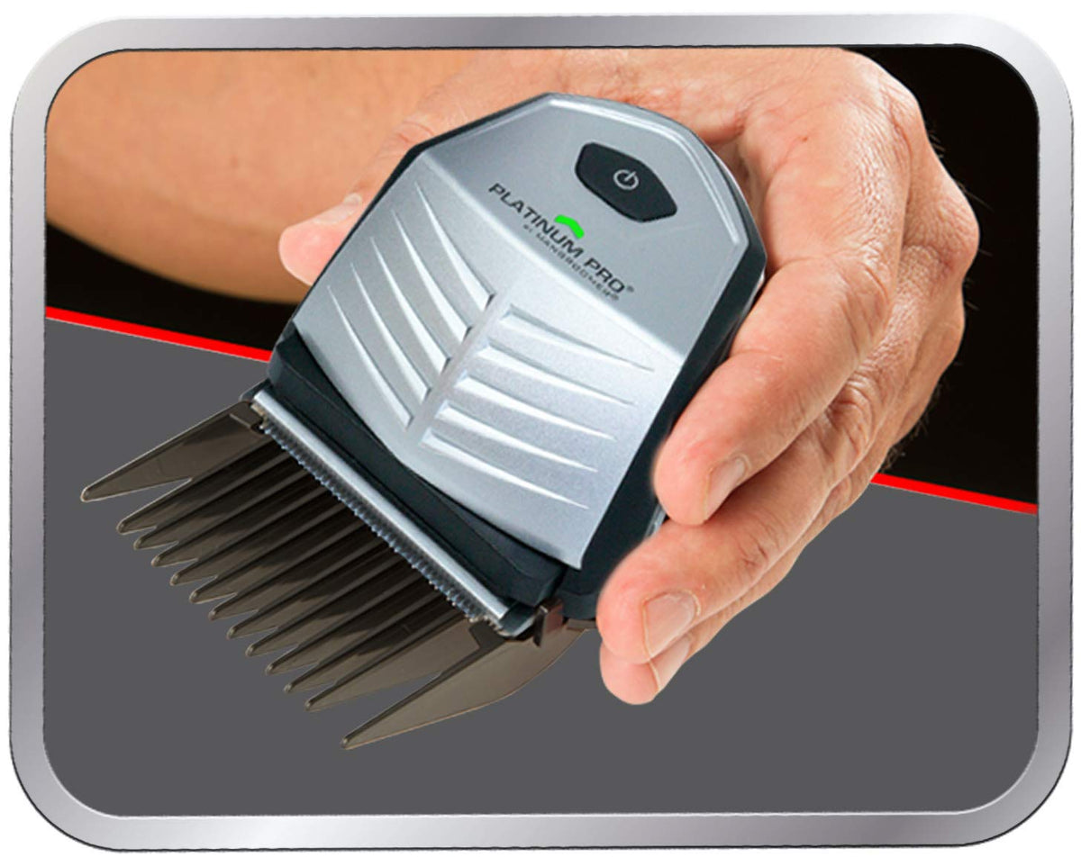 Hypoallergenic stainless steel blades contour the head for clean cuts.