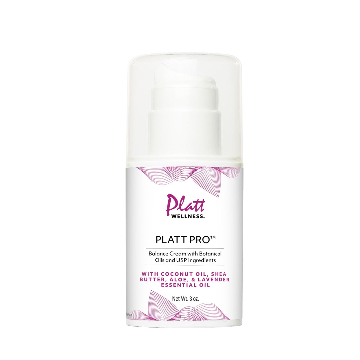 Platt Wellness Platt Pro Balance Cream lavender bottle highlights botanical-based formula for daily skincare.