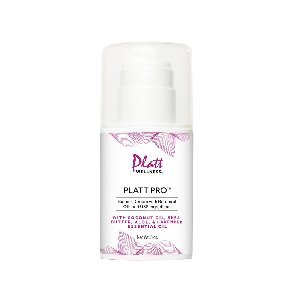 Platt Wellness Platt Pro Balance Cream lavender bottle highlights botanical-based formula for daily skincare.