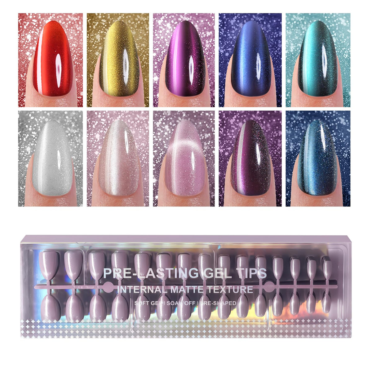 Plauva cat-eye press-on nails in almond shape for quick, salon-like glossy finish.