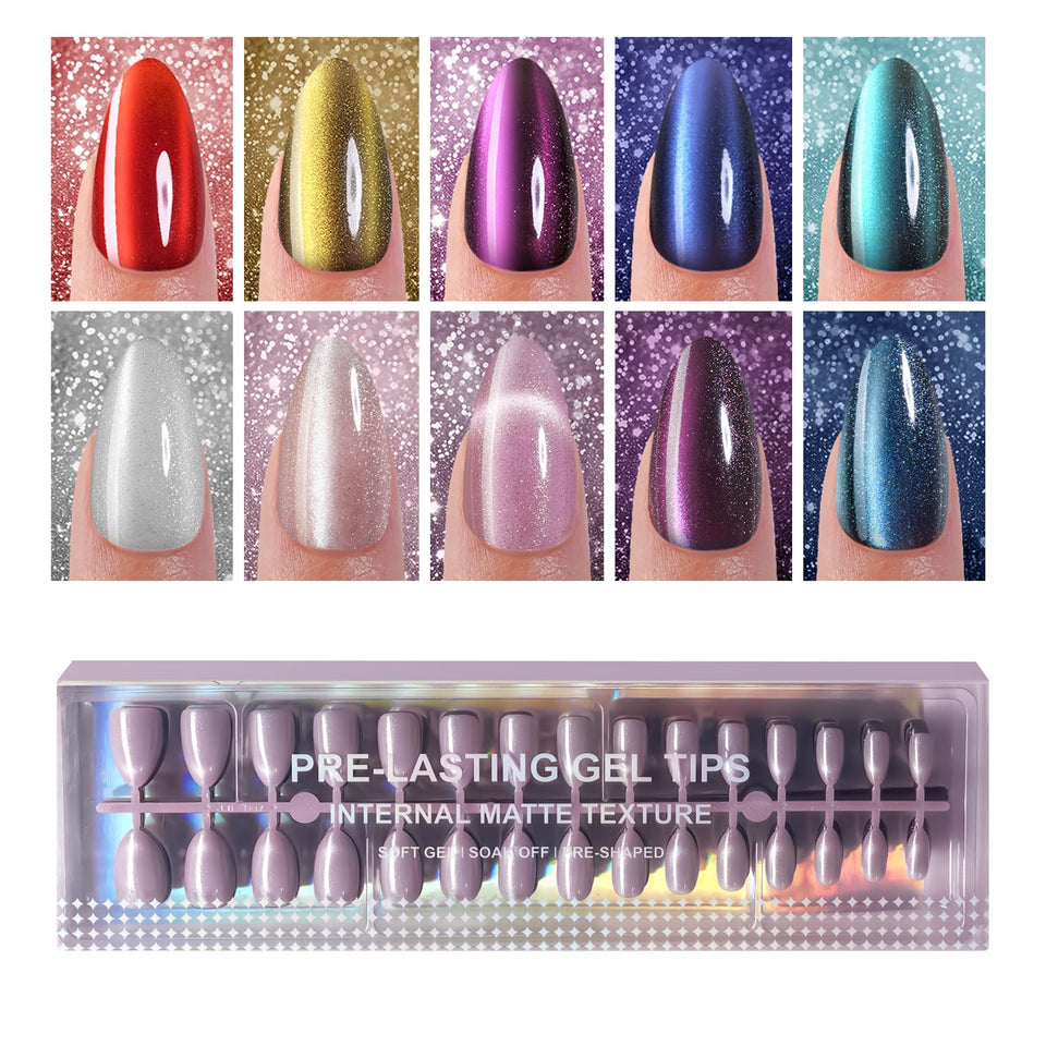 Plauva cat-eye press-on nails in almond shape for quick, salon-like glossy finish.