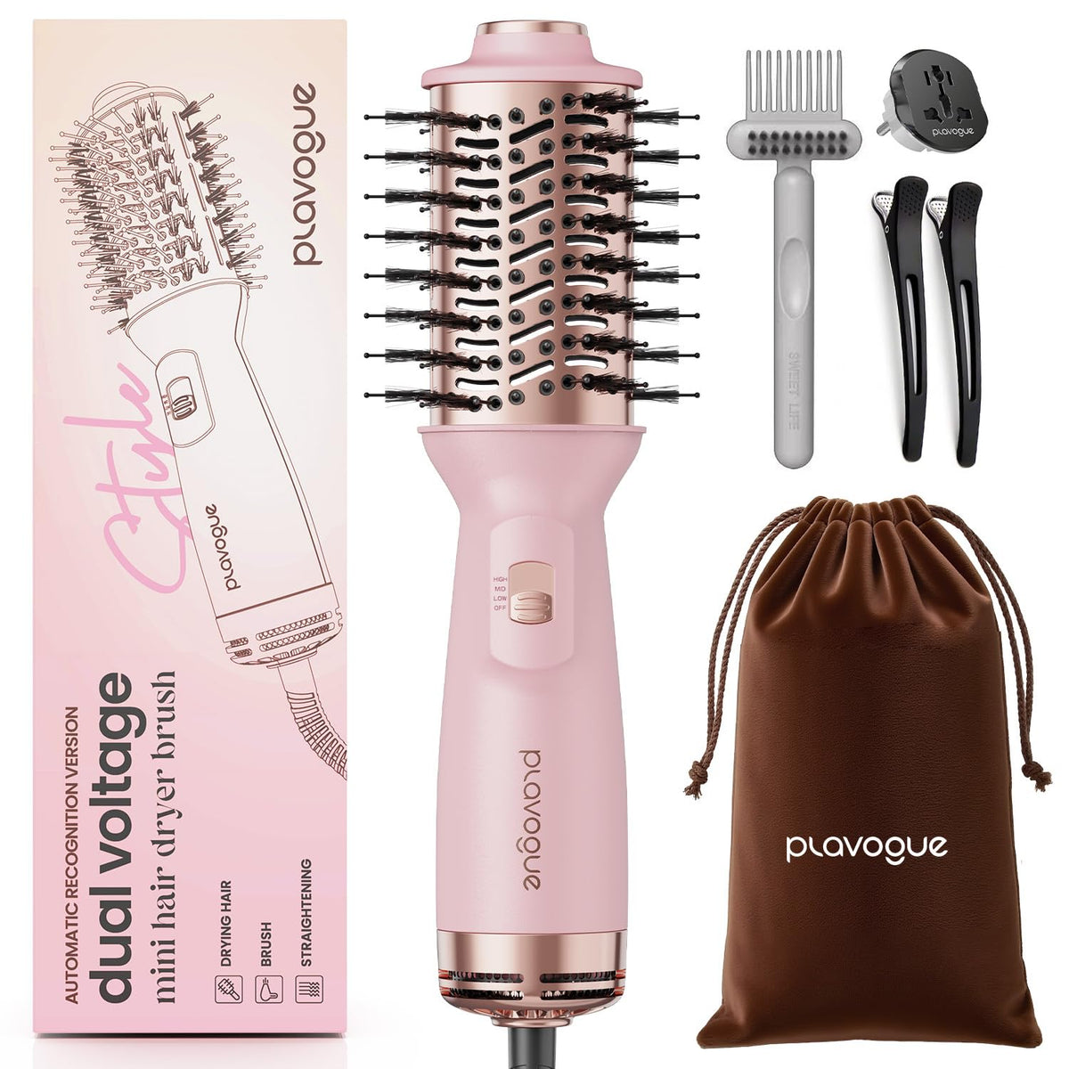 PLAVOGUE mini dual-voltage hair dryer brush silhouette for portable travel styling.