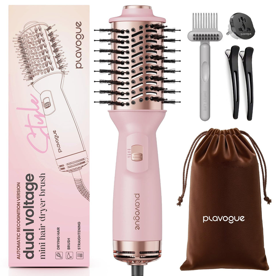 PLAVOGUE mini dual-voltage hair dryer brush silhouette for portable travel styling.