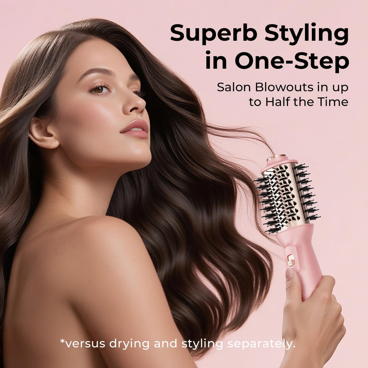 PLAVOGUE travel-friendly compact dryer brush in hand supports quick on-the-go grooming.